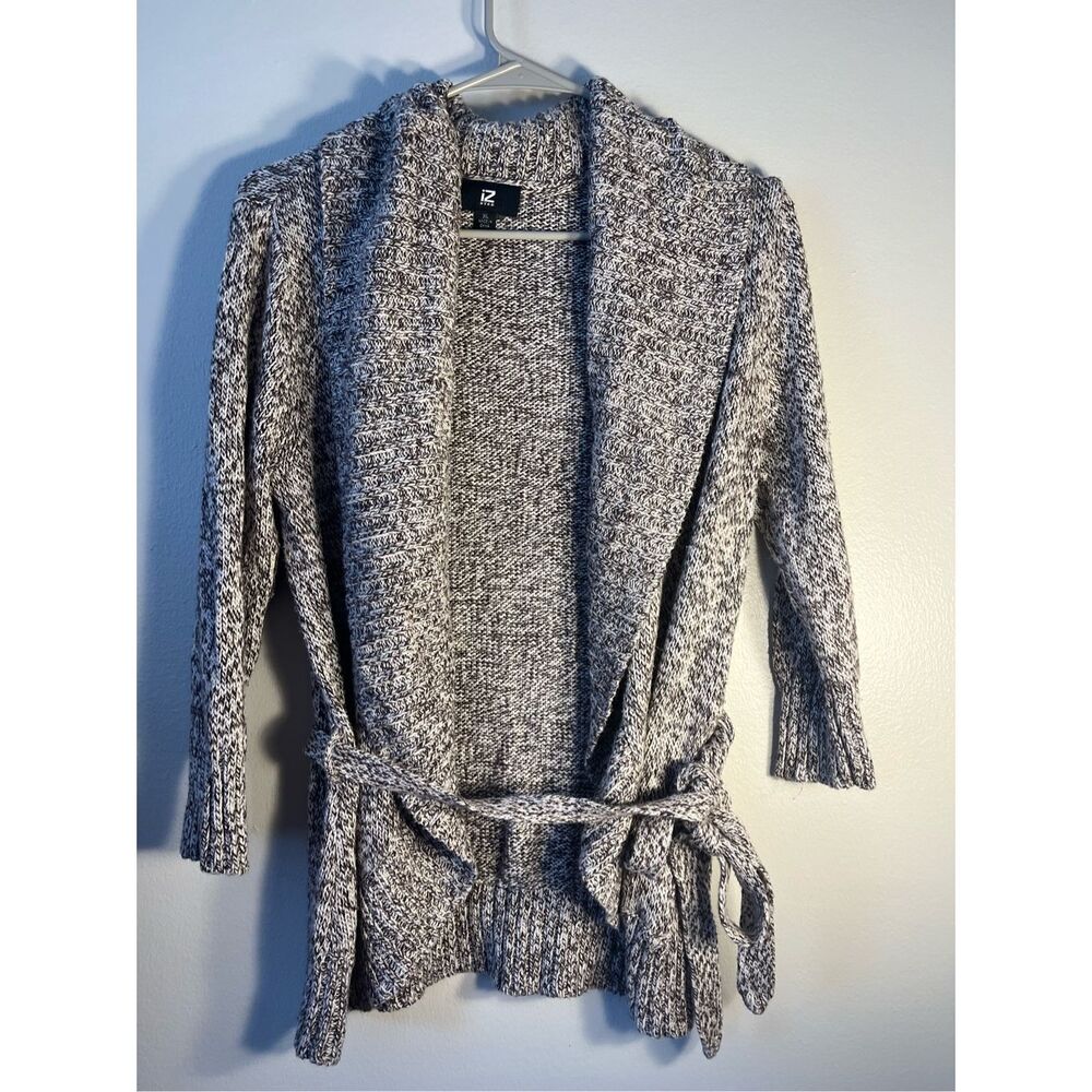 IZ Byer XL Womens Half Sleeve Gray and White Tie Sweater Warm Layering